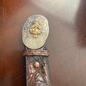 Brown Leather Belt with Silver and Gold Buckle